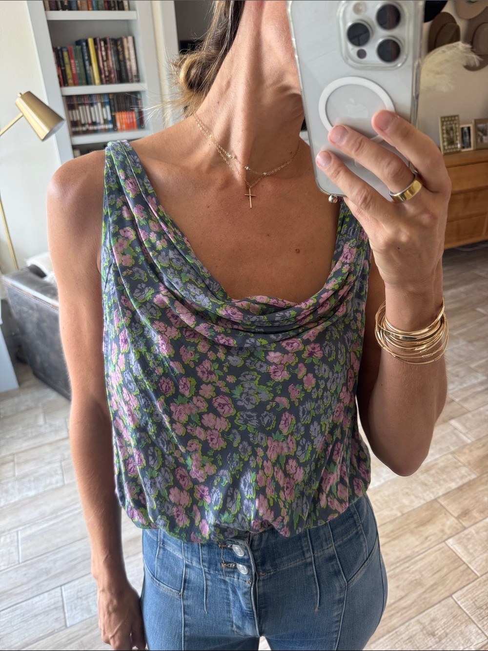 Free People Lavender Floral Draped Cowl Tank on Charcoal